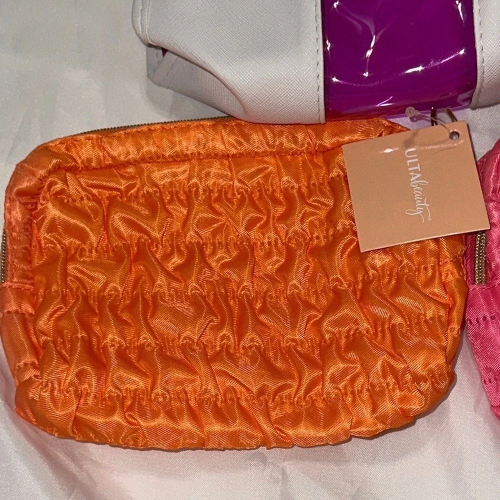 Ulta Beauty 3 Piece Makeup Bag Set White Orange Pink Ruched Cosmetic Pouches New